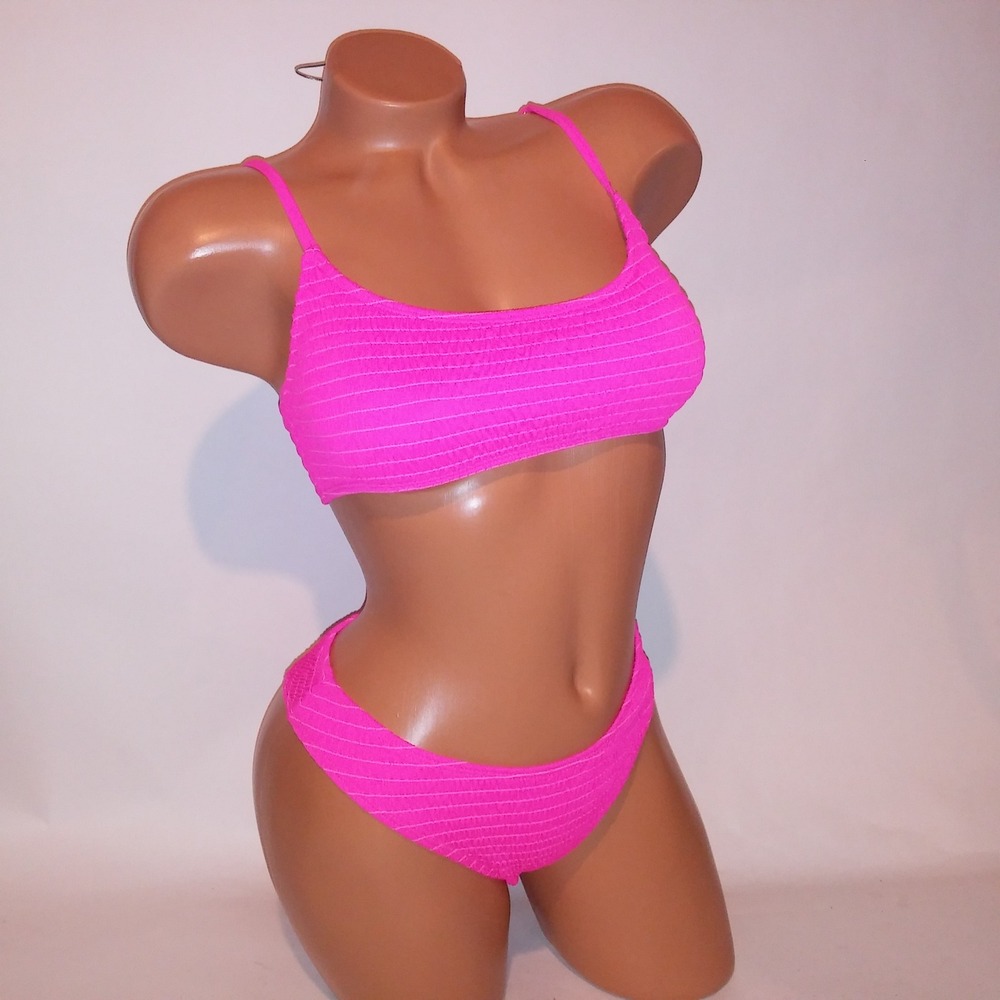 Shein Swim Bikini Small Top & Bottom Pink Smocked Scrunch Solid Wireless